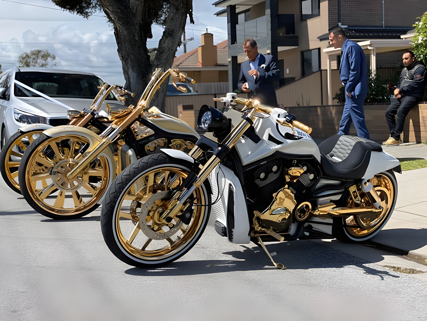 Gold-trimmed white Harleys lined up on a footpath with men in suits nearby