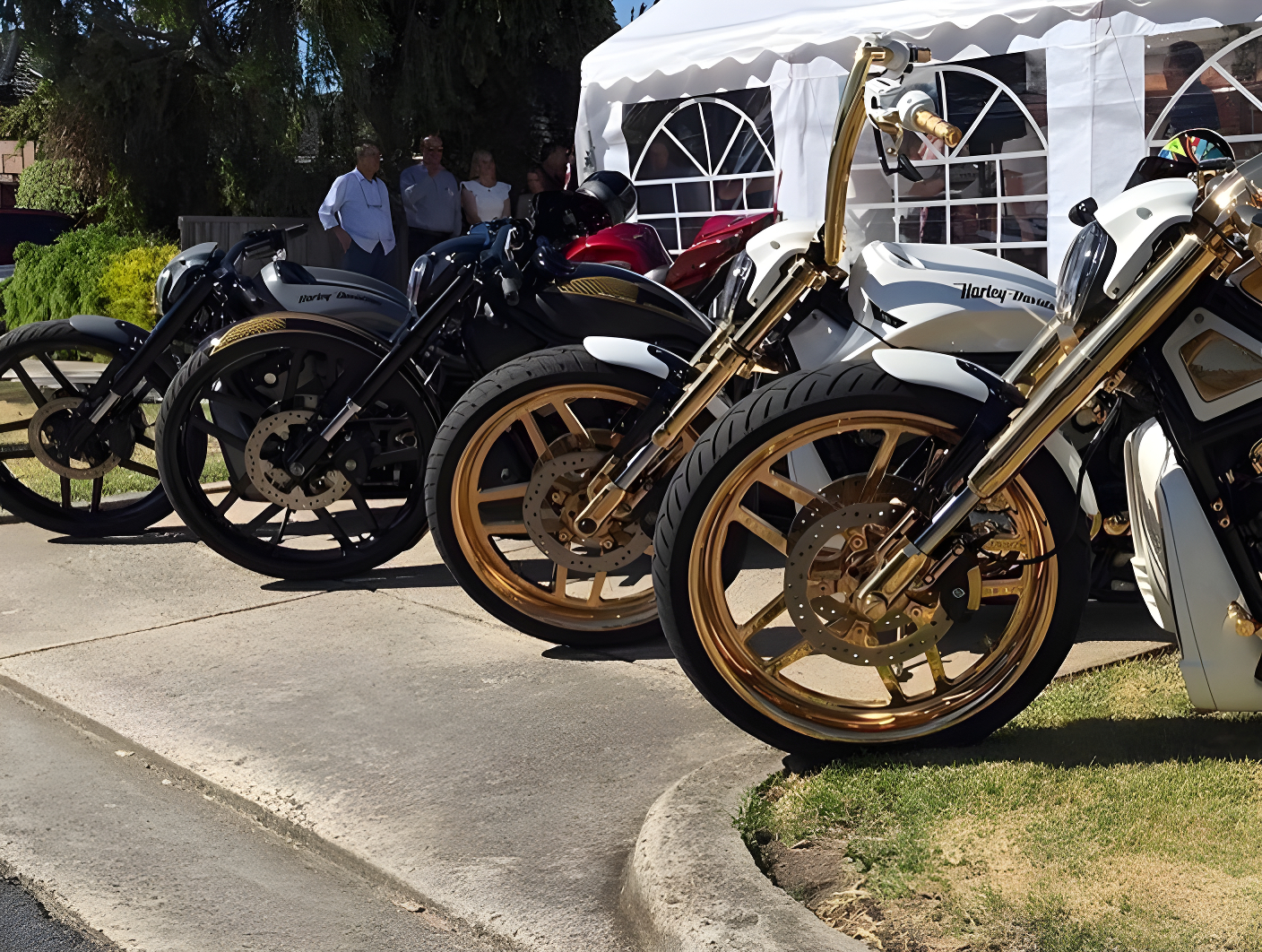 Row of white and black Harleys with gold wheels parked beside a marquee